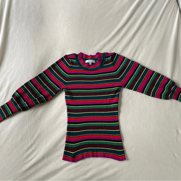 Milly Striped Ribbed Puff Sleeve Sweater Colorful Stretch Size P - Picture 7 of 8